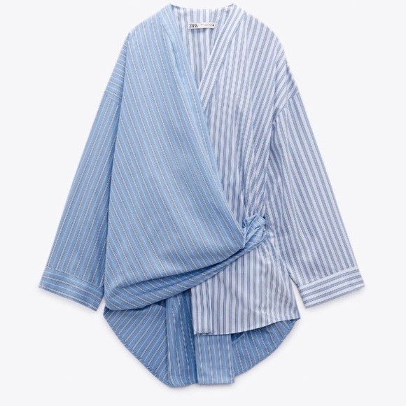 Zara Blue & White Striped Wrap poplin Blouse XS Oversized 100% Cotton ✨ - Picture 6 of 9